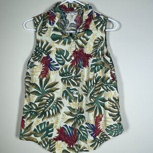 Hilo Hattie Hawaiian Sleeveless Button Front Tropical Floral Print Top Size Medi